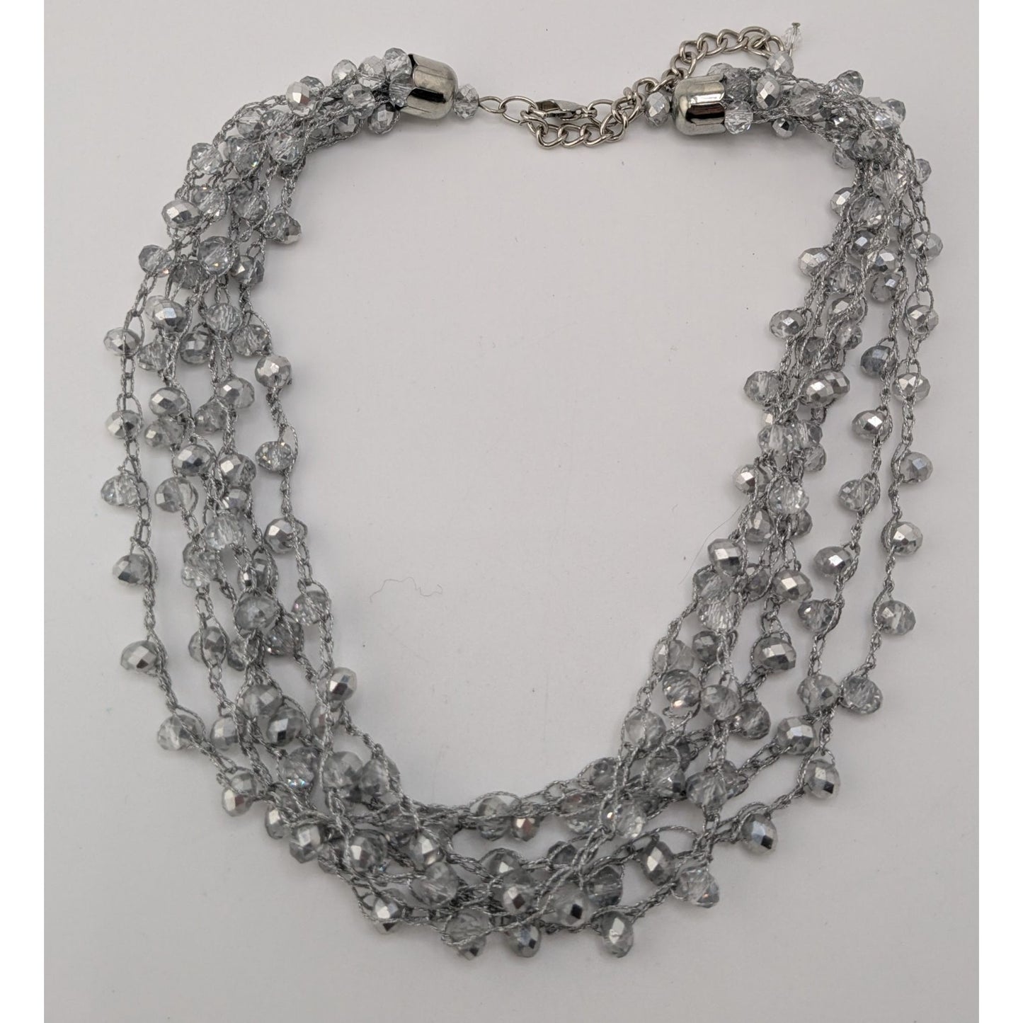 Layered Sparkly Glass Beaded Necklace Silver Tone Glam Statement Jewelry