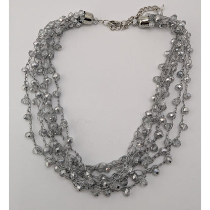 Layered Sparkly Glass Beaded Necklace Silver Tone Glam Statement Jewelry