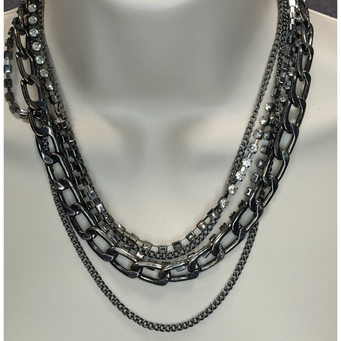 Vintage Robert Rose Glam Goth Multi-Strand Rhinestone & Metal Chain Necklace