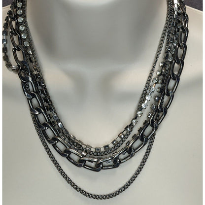 Vintage Robert Rose Glam Goth Multi-Strand Rhinestone & Metal Chain Necklace