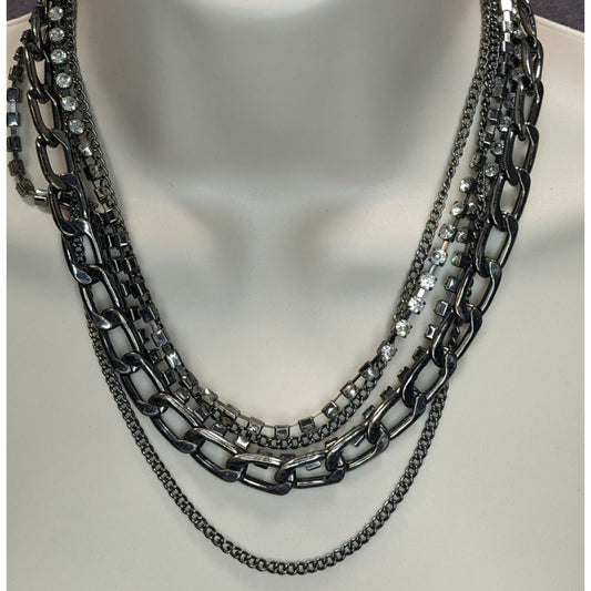 Vintage Robert Rose Glam Goth Multi-Strand Rhinestone & Metal Chain Necklace