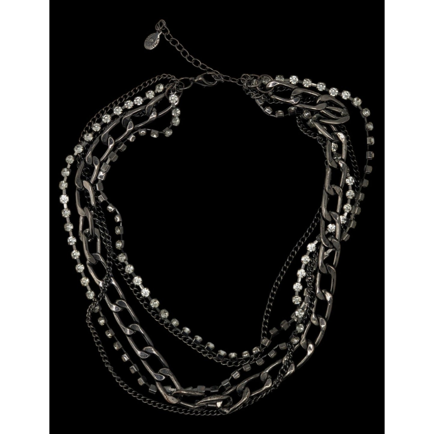 Vintage Robert Rose Glam Goth Multi-Strand Rhinestone & Metal Chain Necklace