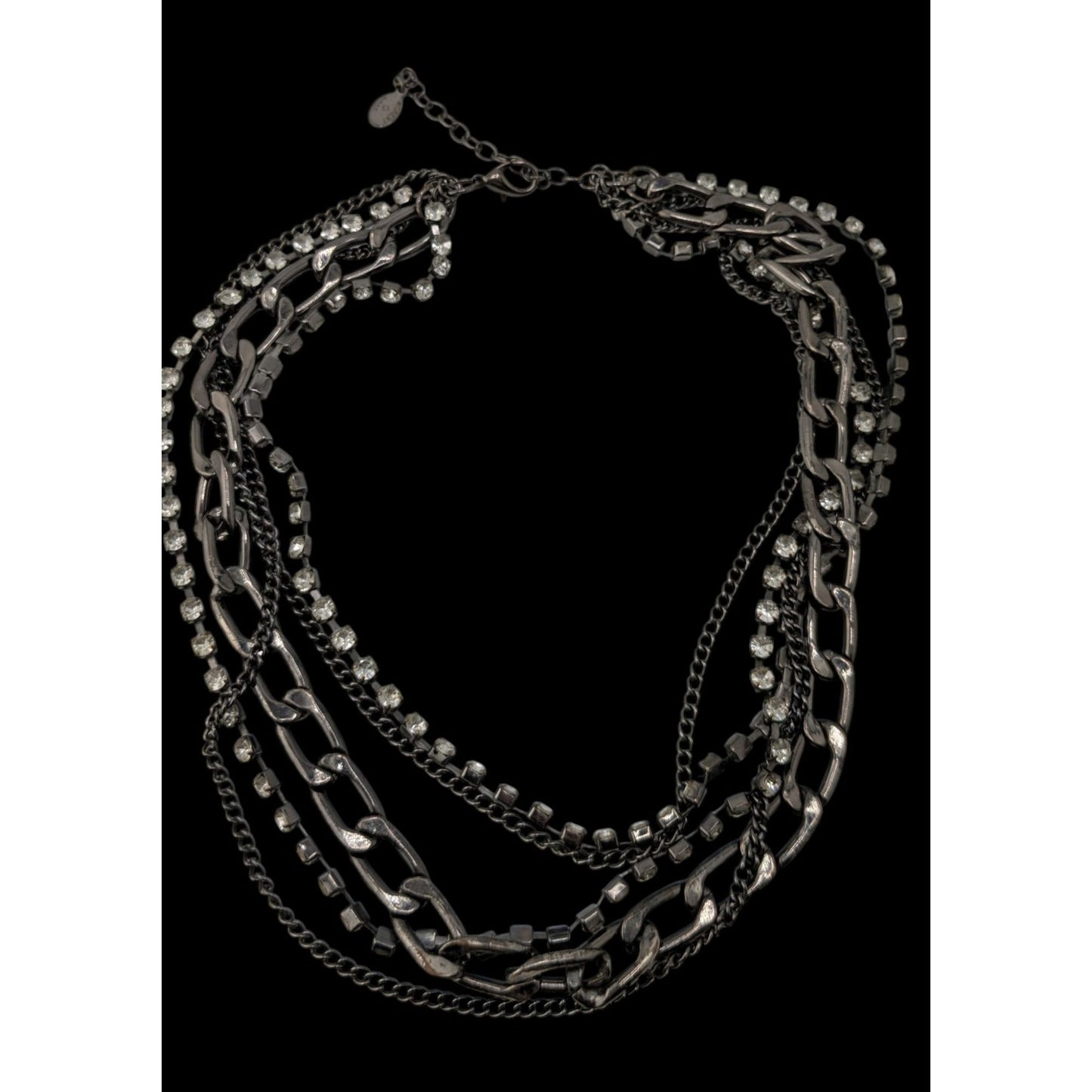 Vintage Robert Rose Glam Goth Multi-Strand Rhinestone & Metal Chain Necklace