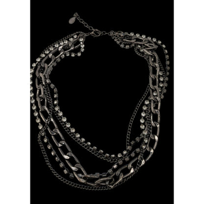 Vintage Robert Rose Glam Goth Multi-Strand Rhinestone & Metal Chain Necklace