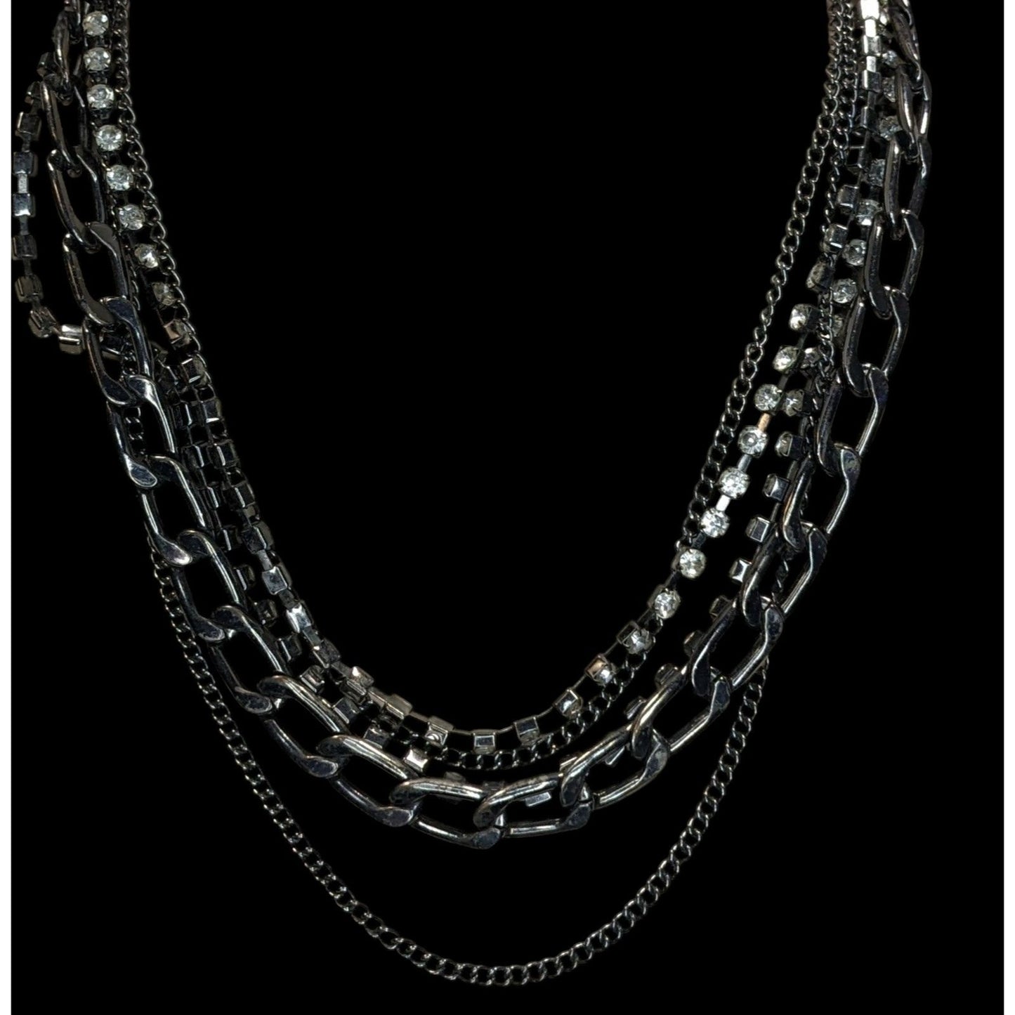 Vintage Robert Rose Glam Goth Multi-Strand Rhinestone & Metal Chain Necklace