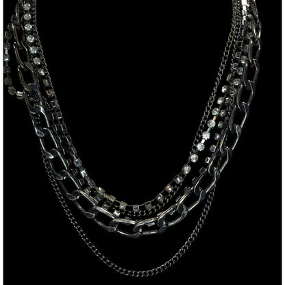 Vintage Robert Rose Glam Goth Multi-Strand Rhinestone & Metal Chain Necklace