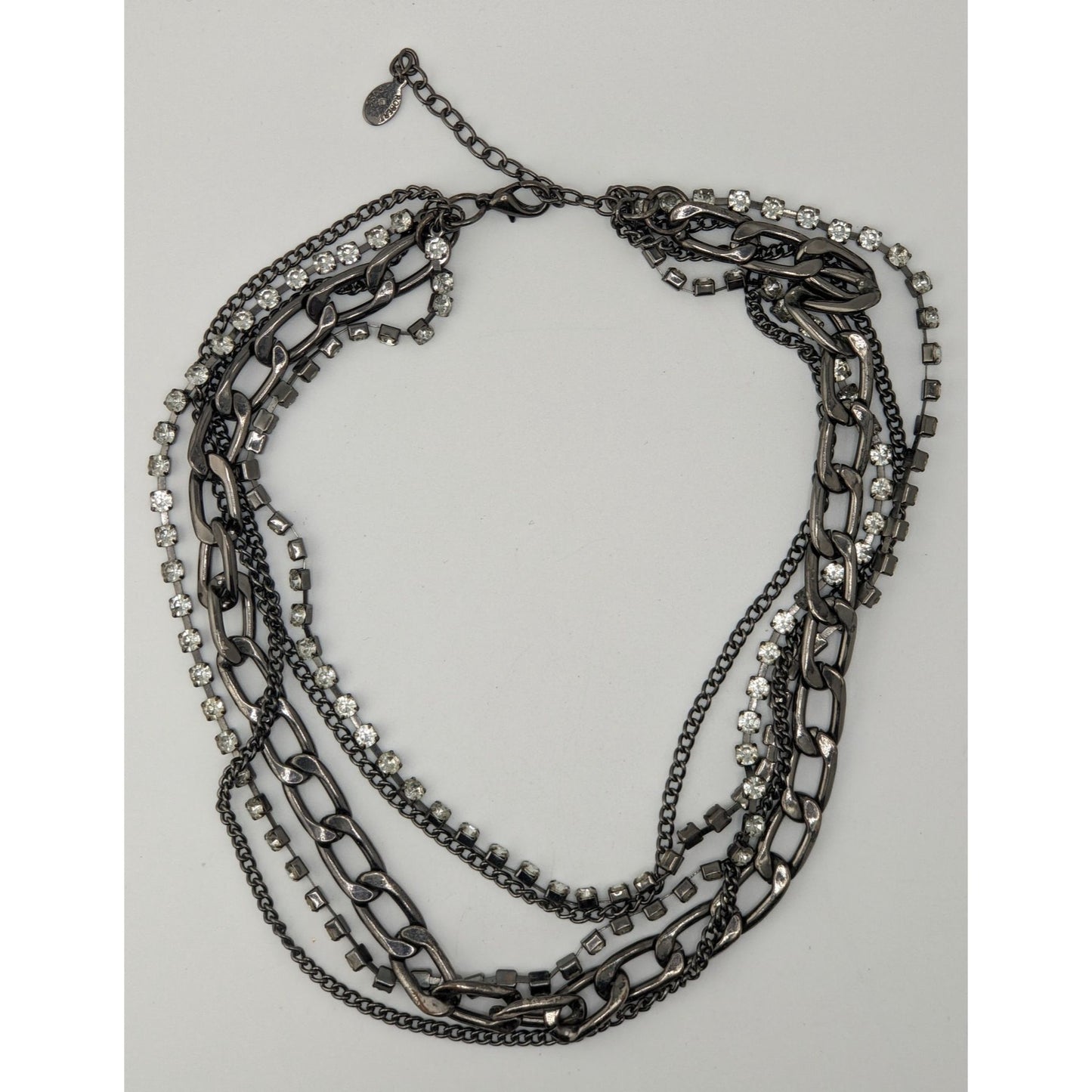 Vintage Robert Rose Glam Goth Multi-Strand Rhinestone & Metal Chain Necklace