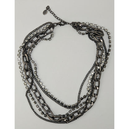 Vintage Robert Rose Glam Goth Multi-Strand Rhinestone & Metal Chain Necklace