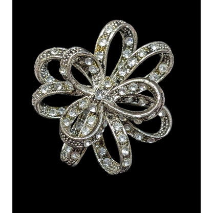 Vintage Floral Bow Silver Tone Rhinestone Brooch