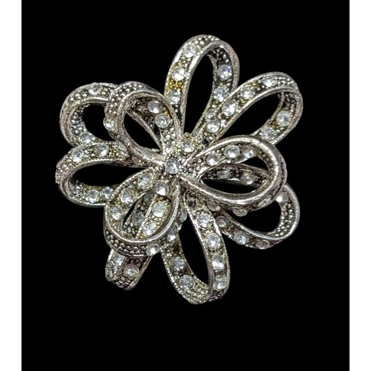 Vintage Floral Bow Silver Tone Rhinestone Brooch