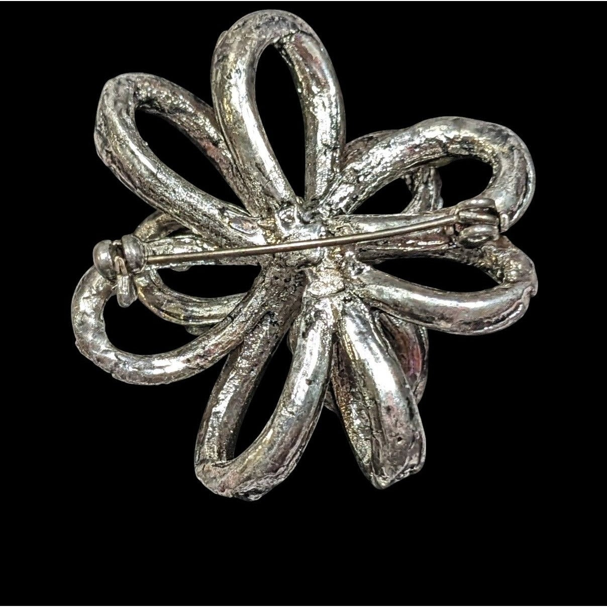 Vintage Floral Bow Silver Tone Rhinestone Brooch