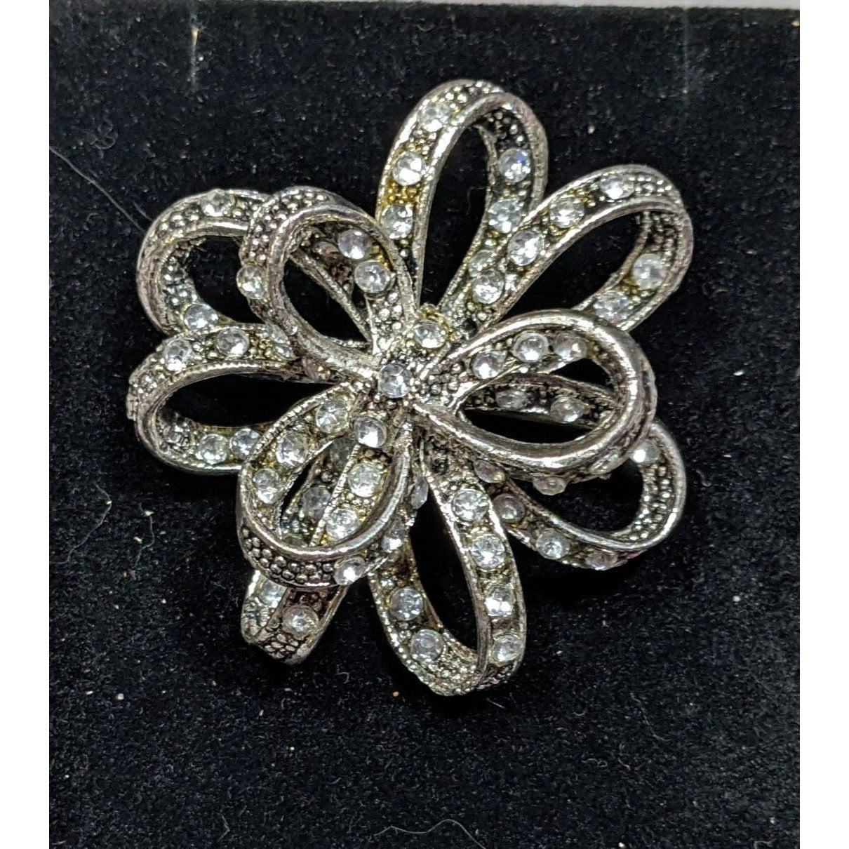 Vintage Floral Bow Silver Tone Rhinestone Brooch