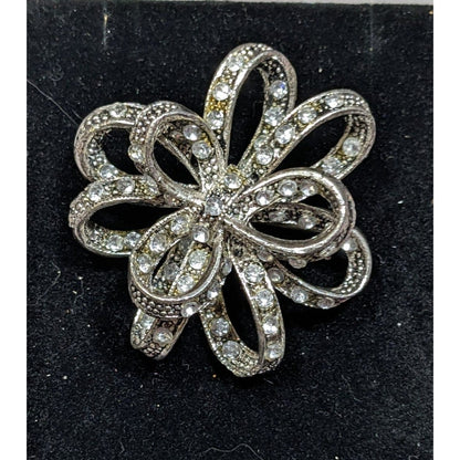 Vintage Floral Bow Silver Tone Rhinestone Brooch