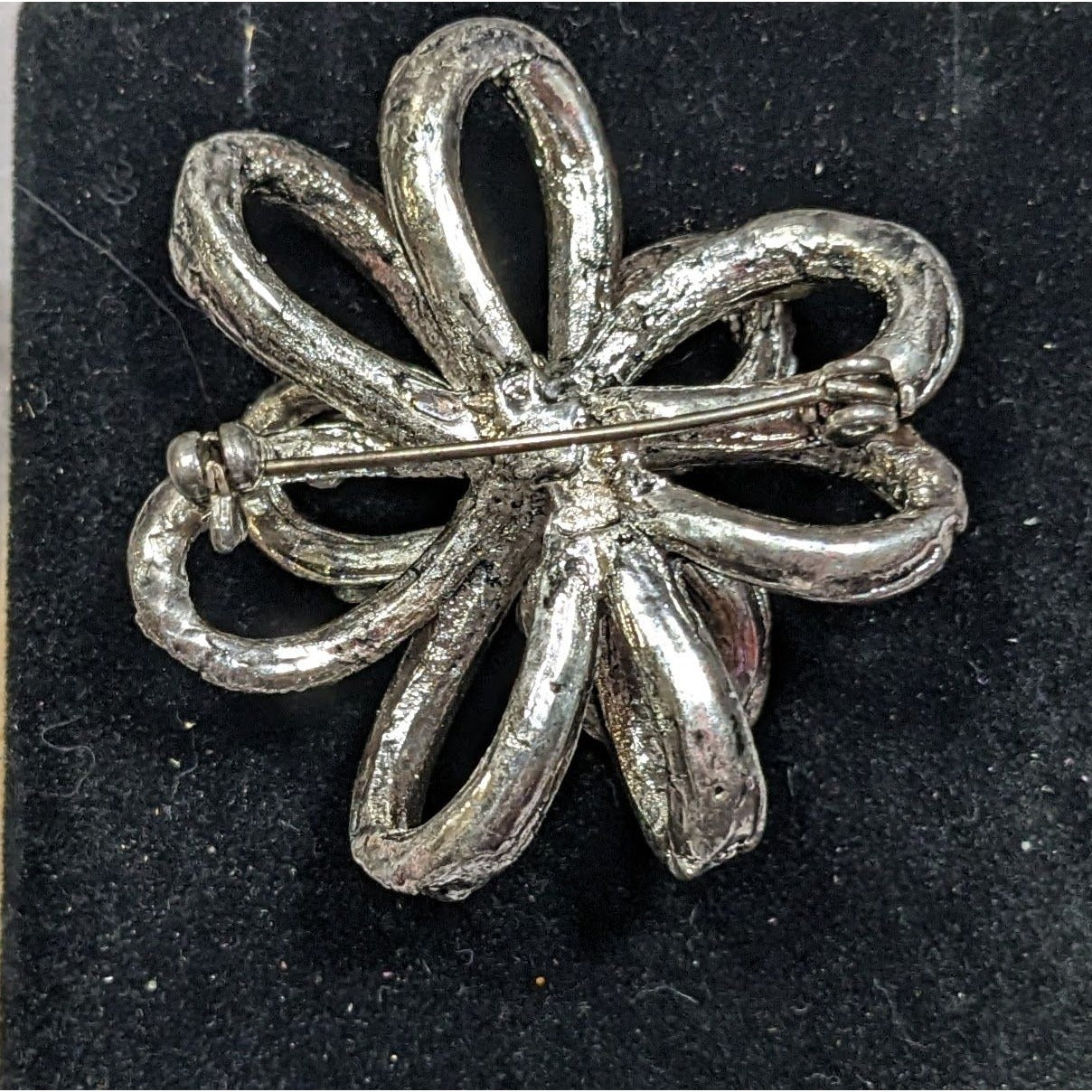 Vintage Floral Bow Silver Tone Rhinestone Brooch