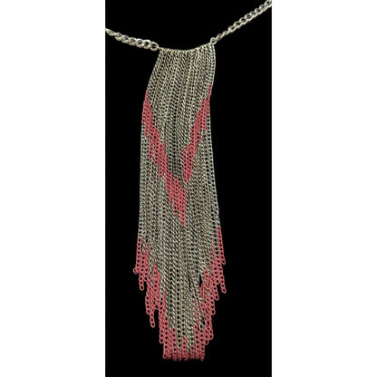 Bohemian Fringe Chain Necklace Red And Silver Tone