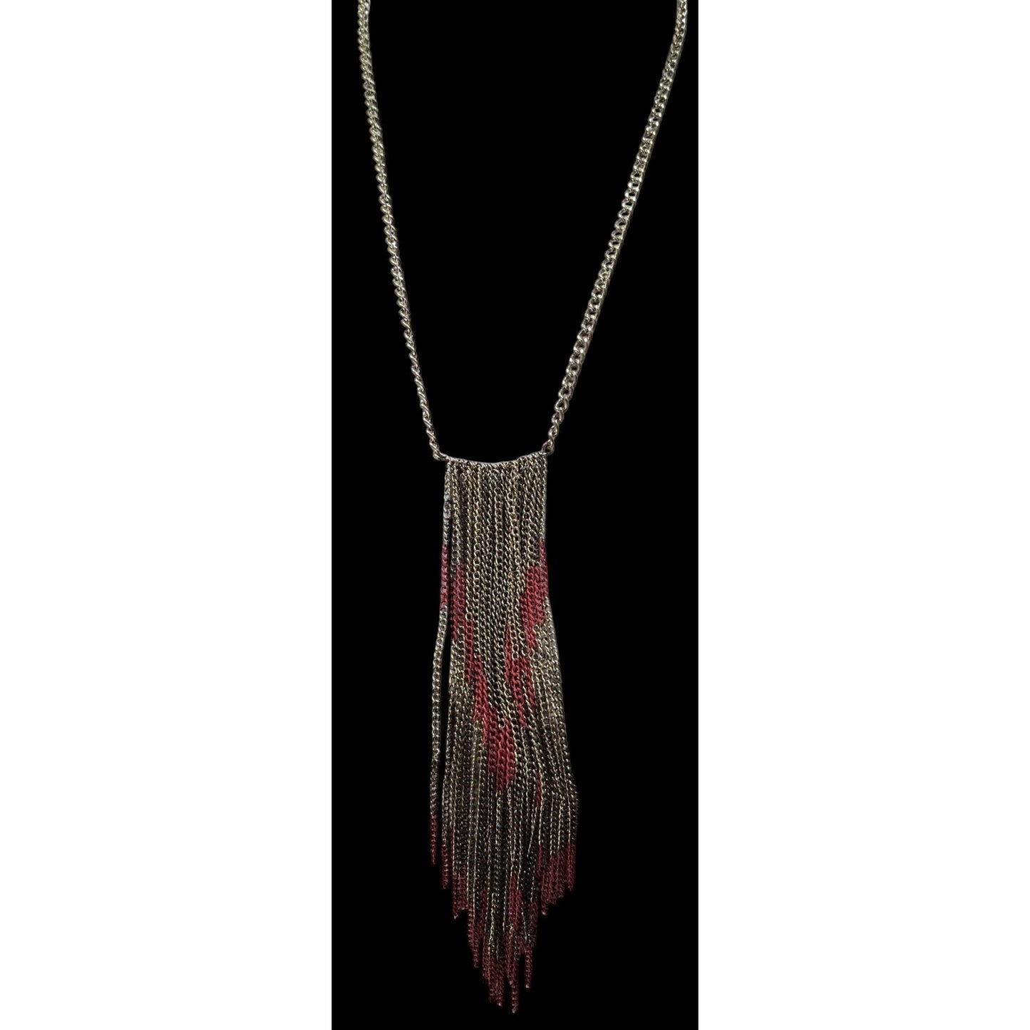 Bohemian Fringe Chain Necklace Red And Silver Tone