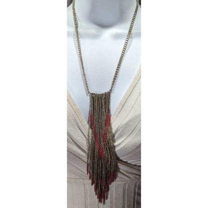 Bohemian Fringe Chain Necklace Red And Silver Tone