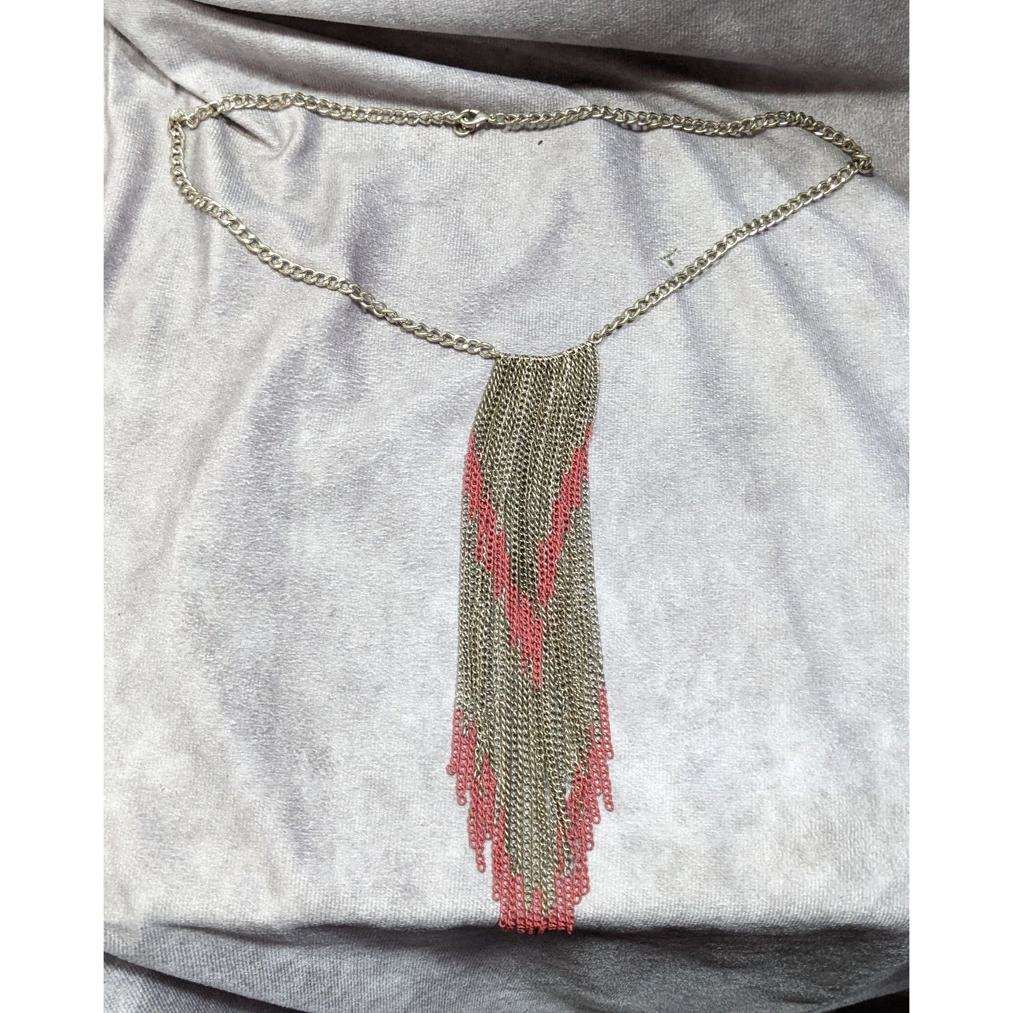 Bohemian Fringe Chain Necklace Red And Silver Tone
