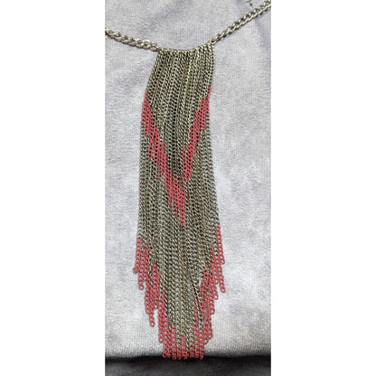 Bohemian Fringe Chain Necklace Red And Silver Tone