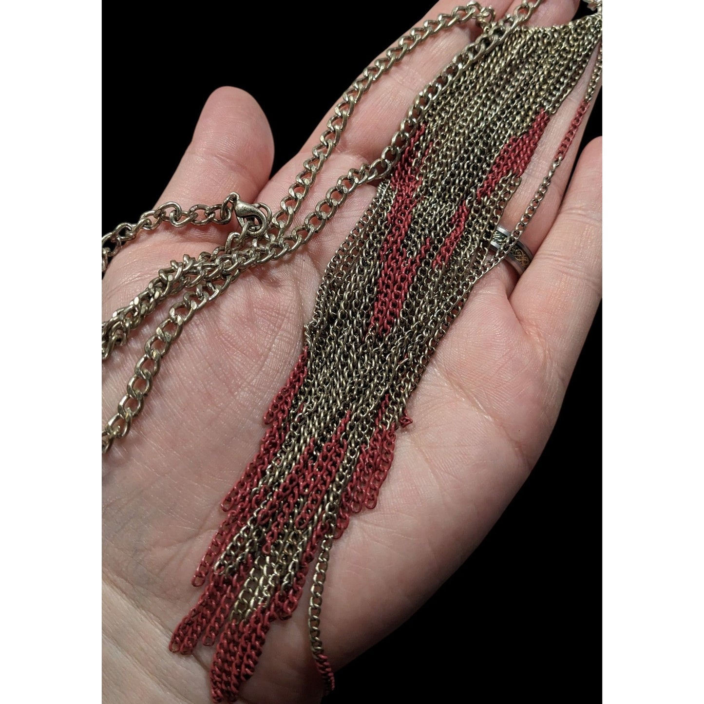 Bohemian Fringe Chain Necklace Red And Silver Tone
