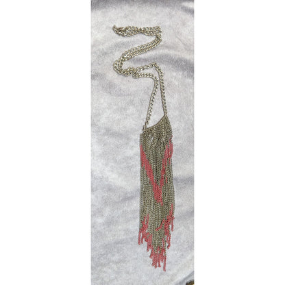 Bohemian Fringe Chain Necklace Red And Silver Tone