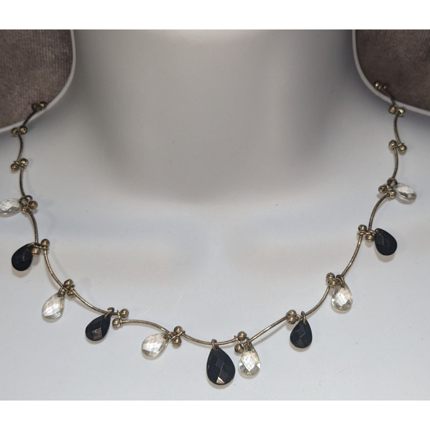 Black Clear Teardrop Beaded Necklace Silver Tone Minimalist Gothic Boho