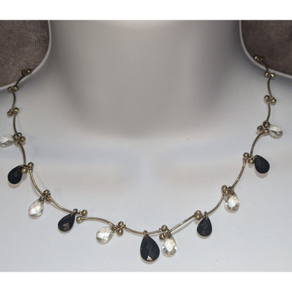 Black Clear Teardrop Beaded Necklace Silver Tone Minimalist Gothic Boho