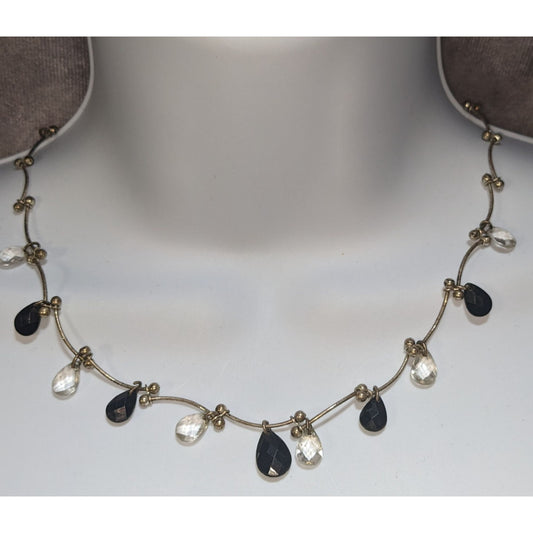 Black Clear Teardrop Beaded Necklace Silver Tone Minimalist Gothic Boho