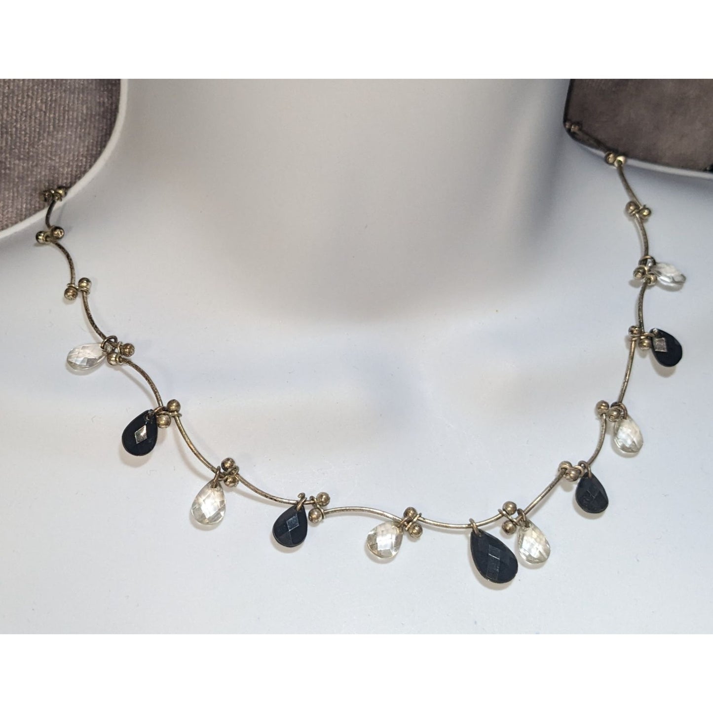 Black Clear Teardrop Beaded Necklace Silver Tone Minimalist Gothic Boho