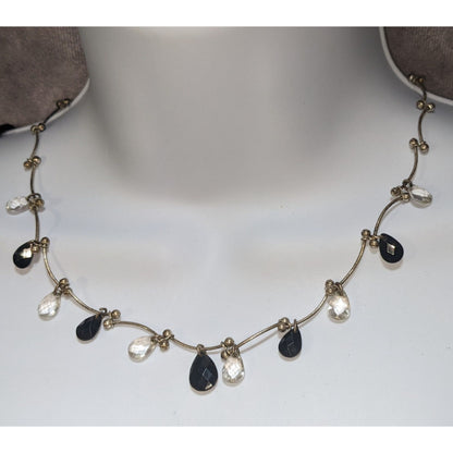 Black Clear Teardrop Beaded Necklace Silver Tone Minimalist Gothic Boho