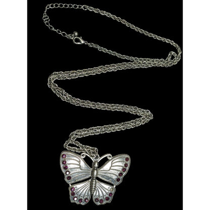 Fairycore Silver-Tone Butterfly Pendant Necklace With Purple Gem Accents