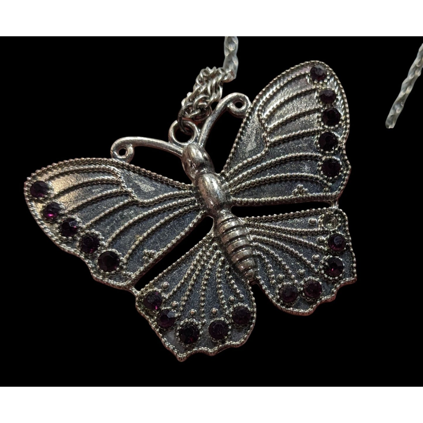 Fairycore Silver-Tone Butterfly Pendant Necklace With Purple Gem Accents