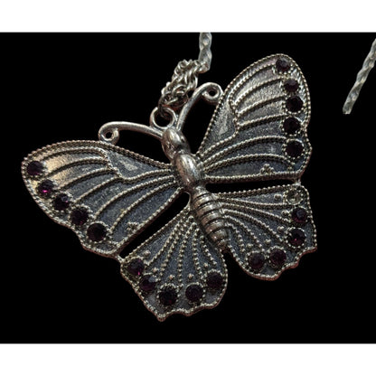 Fairycore Silver-Tone Butterfly Pendant Necklace With Purple Gem Accents