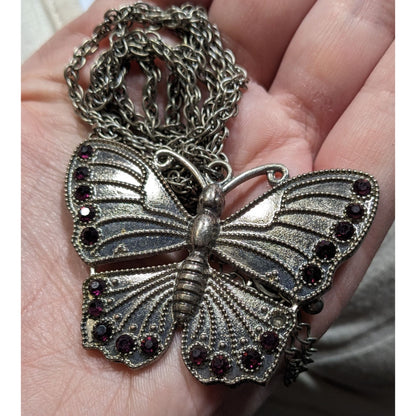 Fairycore Silver-Tone Butterfly Pendant Necklace With Purple Gem Accents