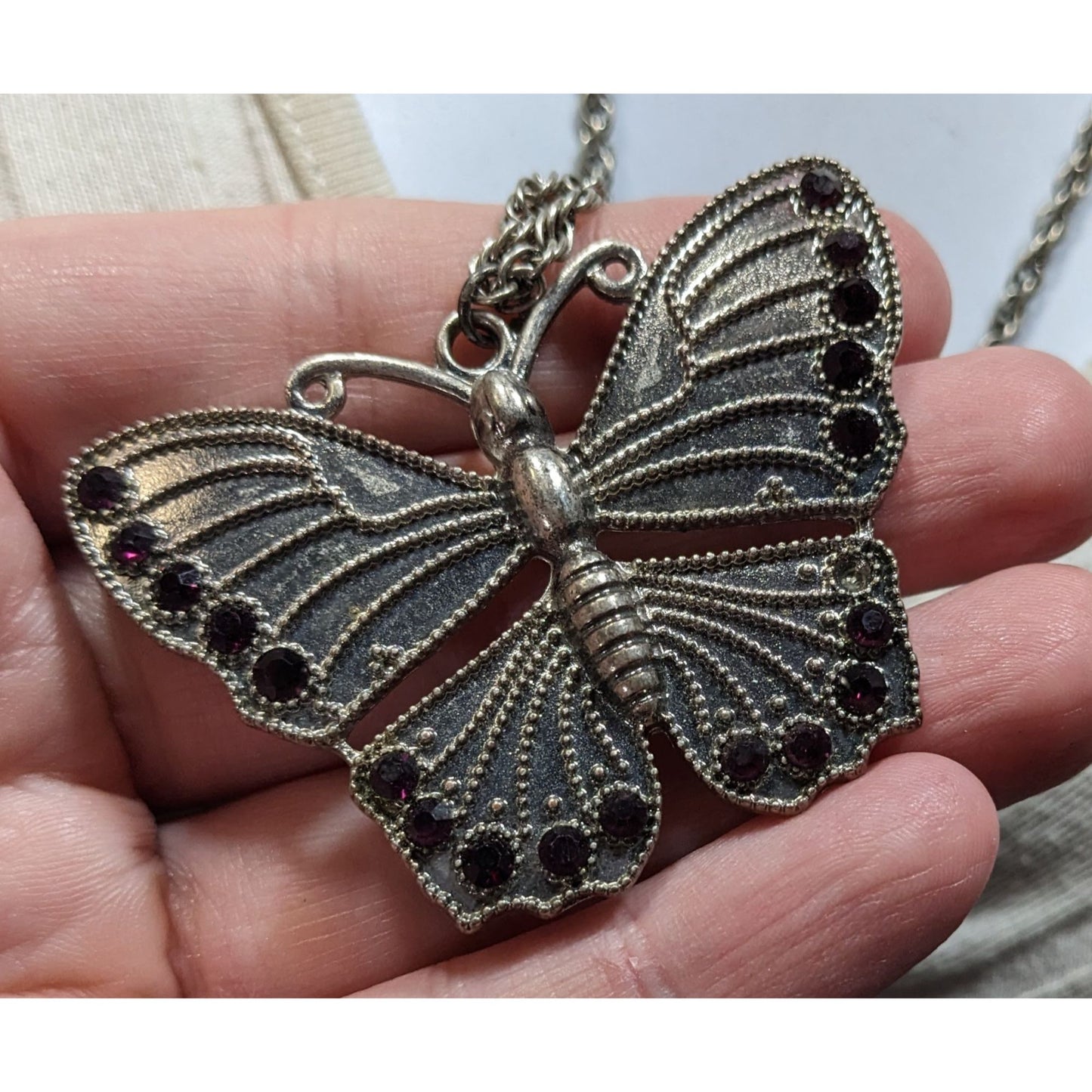 Fairycore Silver-Tone Butterfly Pendant Necklace With Purple Gem Accents