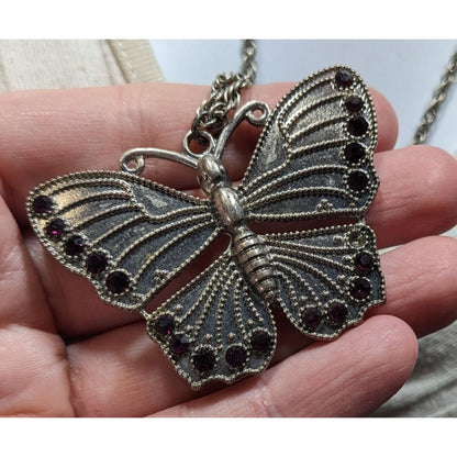 Fairycore Silver-Tone Butterfly Pendant Necklace With Purple Gem Accents