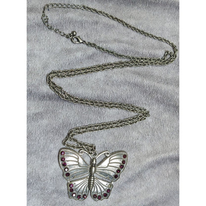 Fairycore Silver-Tone Butterfly Pendant Necklace With Purple Gem Accents