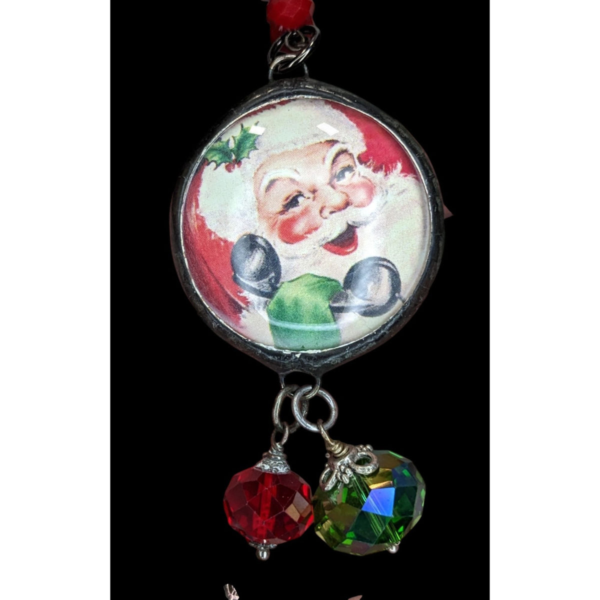 Vintage Kitsch Christmas Santa Red Glass Beaded Reversible Pendant Necklace