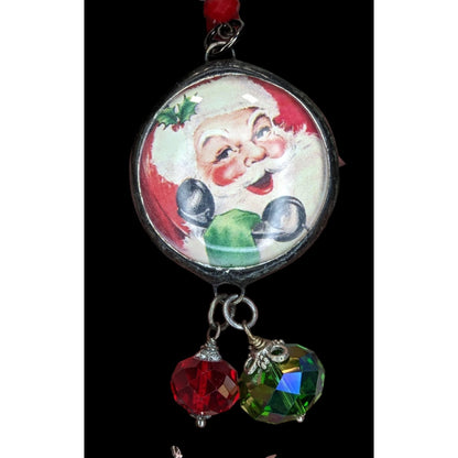 Vintage Kitsch Christmas Santa Red Glass Beaded Reversible Pendant Necklace