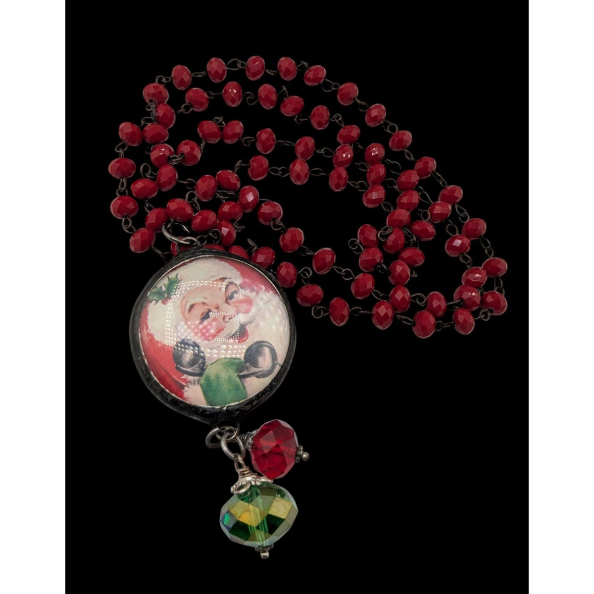 Vintage Kitsch Christmas Santa Red Glass Beaded Reversible Pendant Necklace