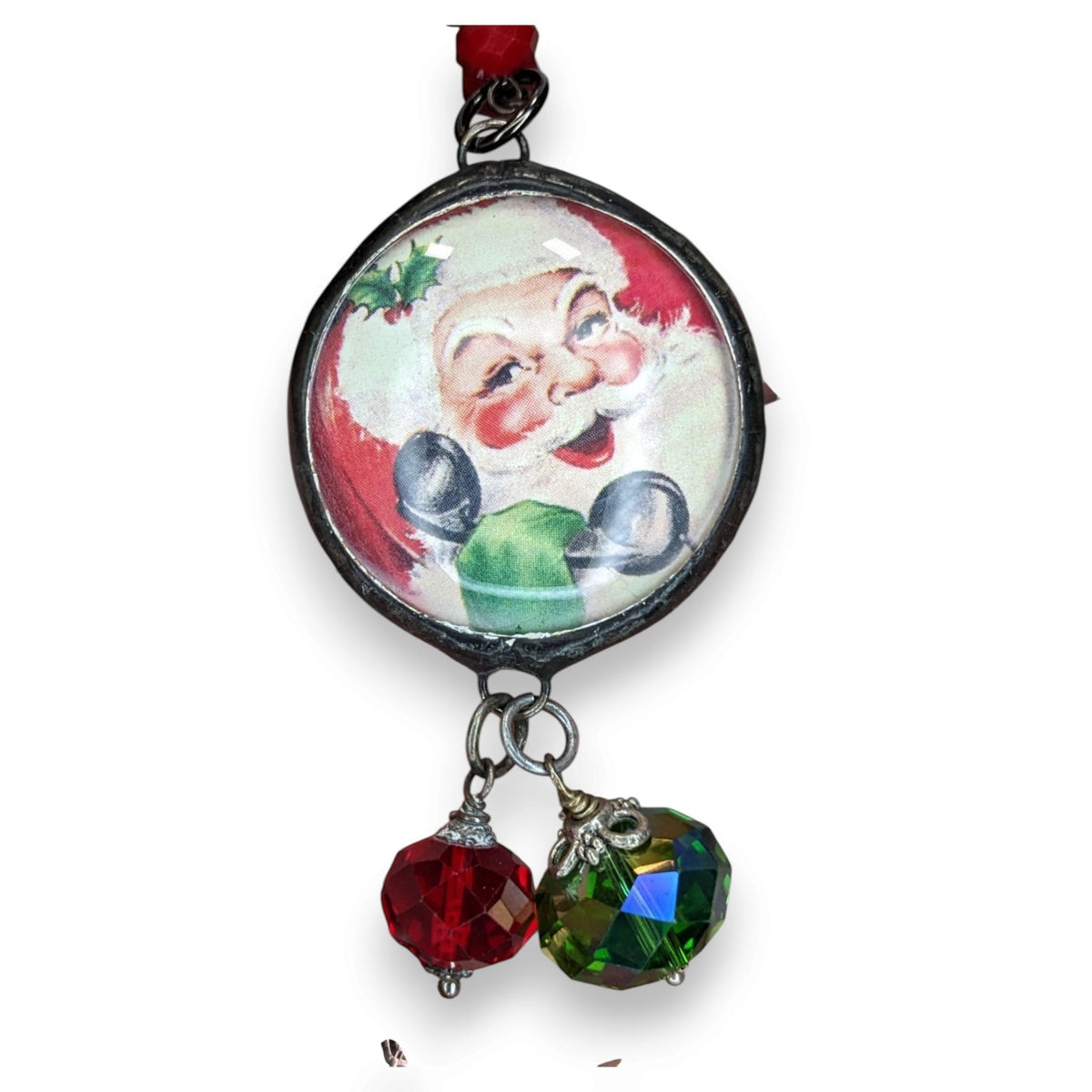 Vintage Kitsch Christmas Santa Red Glass Beaded Reversible Pendant Necklace