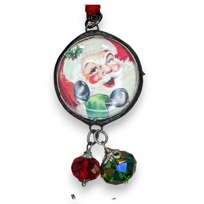 Vintage Kitsch Christmas Santa Red Glass Beaded Reversible Pendant Necklace