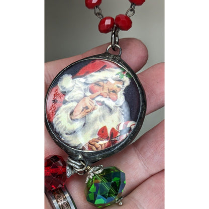 Vintage Kitsch Christmas Santa Red Glass Beaded Reversible Pendant Necklace