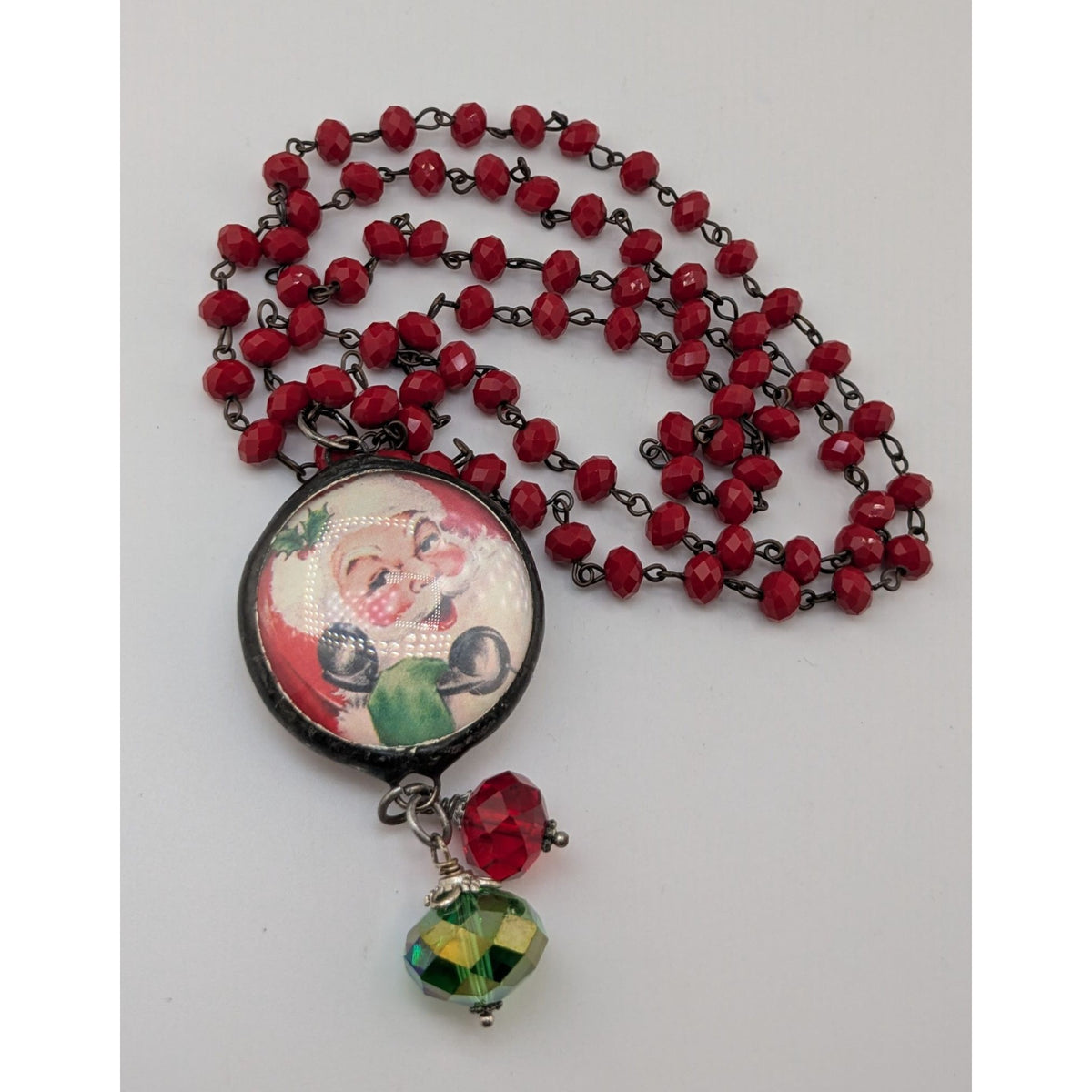 Vintage Kitsch Christmas Santa Red Glass Beaded Reversible Pendant Necklace