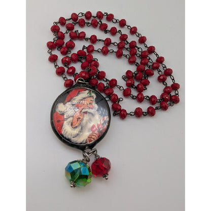 Vintage Kitsch Christmas Santa Red Glass Beaded Reversible Pendant Necklace