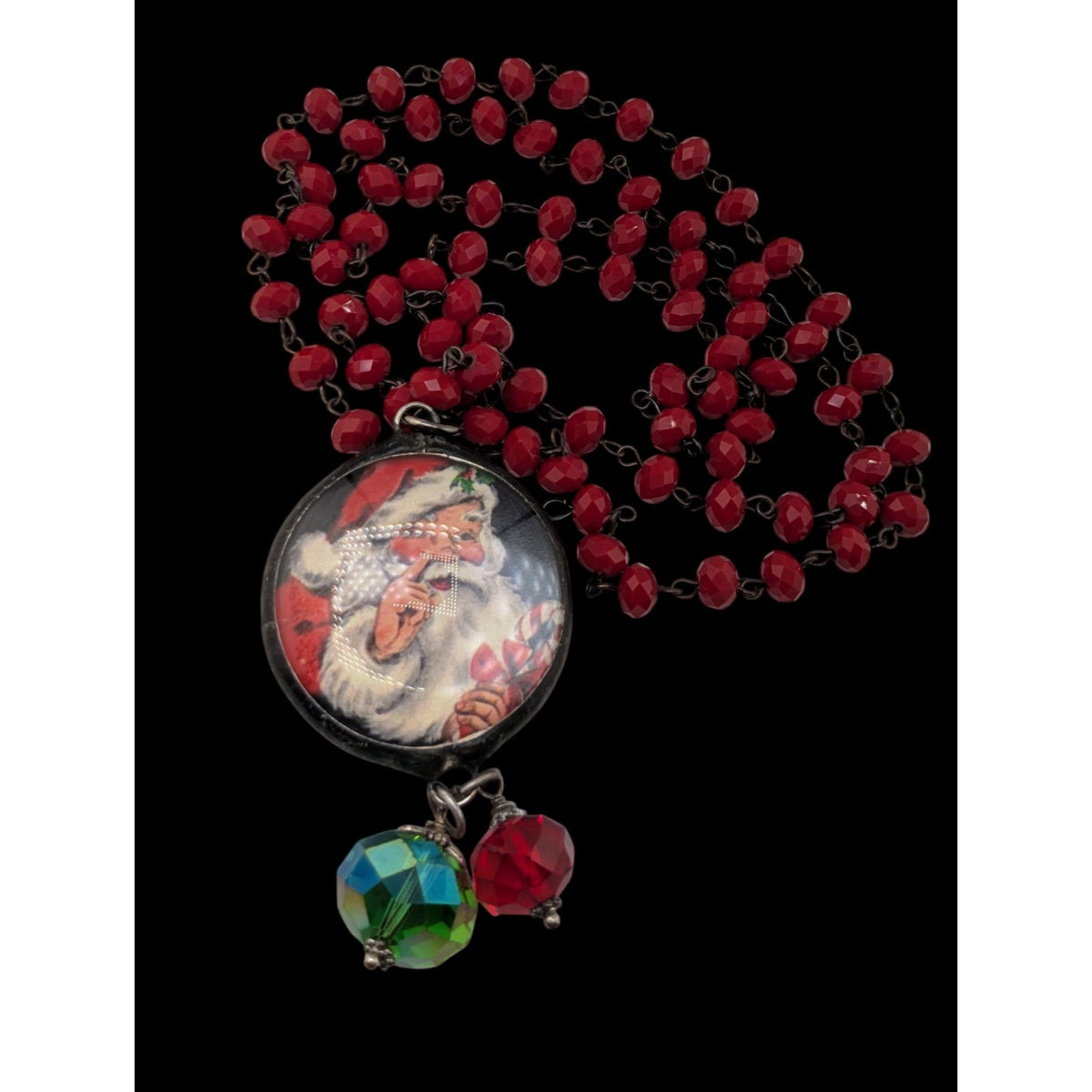 Vintage Kitsch Christmas Santa Red Glass Beaded Reversible Pendant Necklace