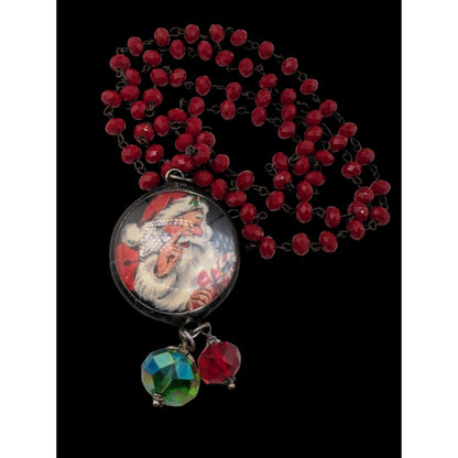 Vintage Kitsch Christmas Santa Red Glass Beaded Reversible Pendant Necklace