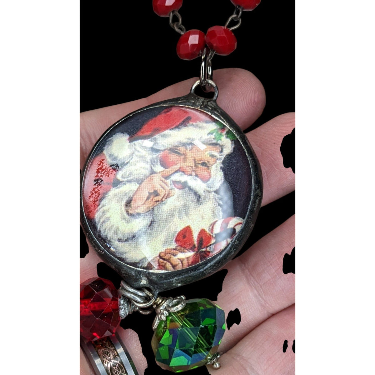 Vintage Kitsch Christmas Santa Red Glass Beaded Reversible Pendant Necklace