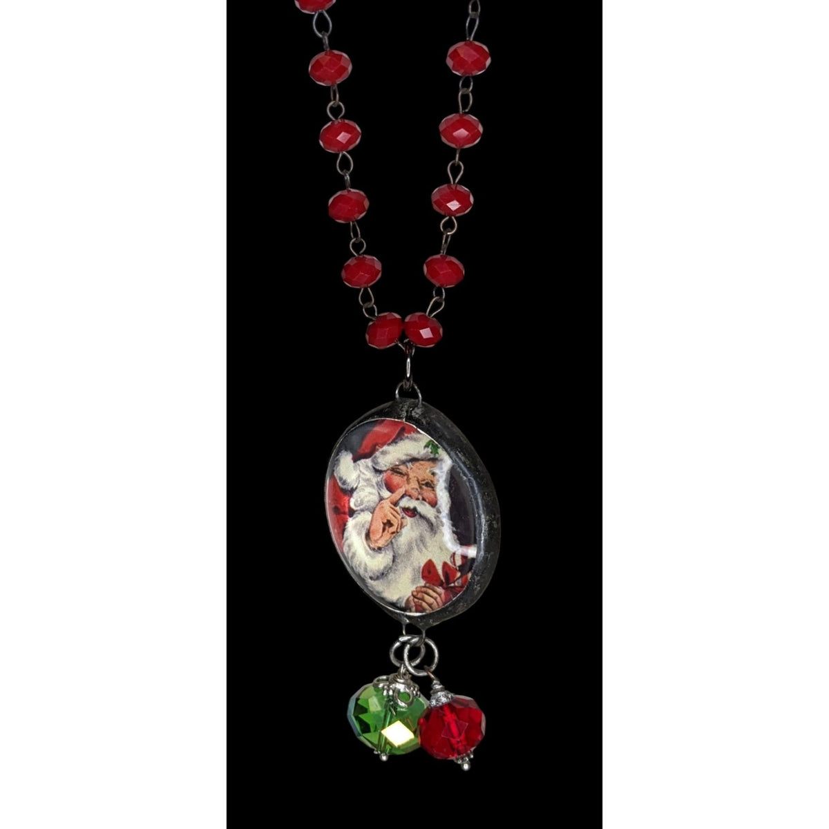 Vintage Kitsch Christmas Santa Red Glass Beaded Reversible Pendant Necklace