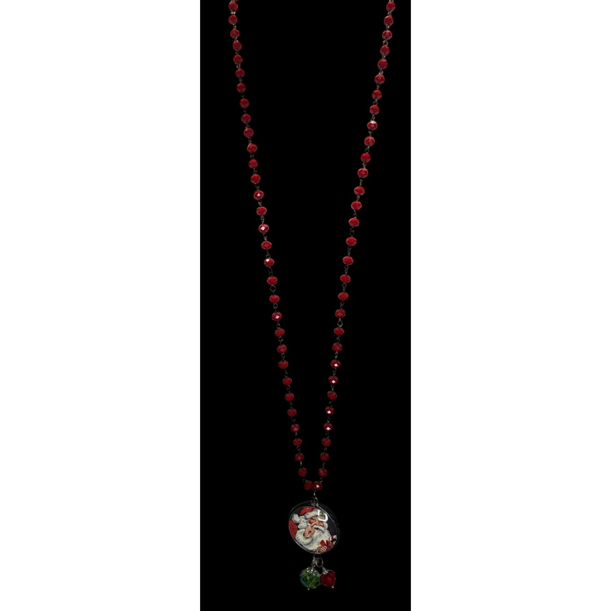 Vintage Kitsch Christmas Santa Red Glass Beaded Reversible Pendant Necklace